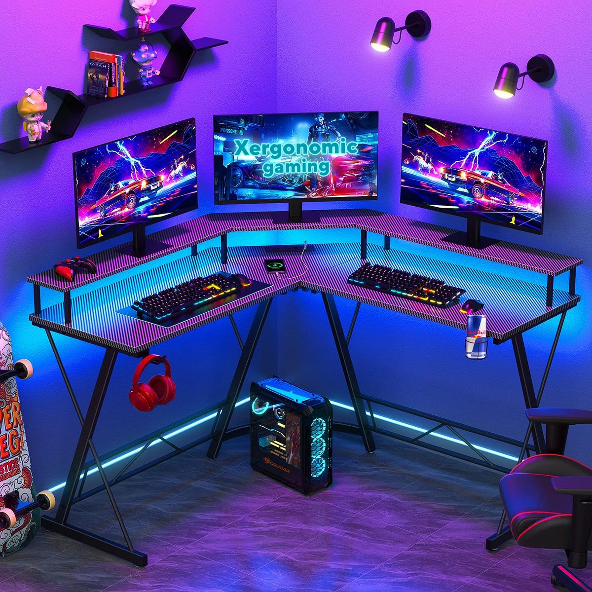 Bureau de jeu Xergonomic - Bureau d'angle - Table de jeu - Table d'ordinateur - Eclairage LED - 2 prises EU &amp; 2 ports USB intégrés - 127 x 127 x 74,4 cm - Noir