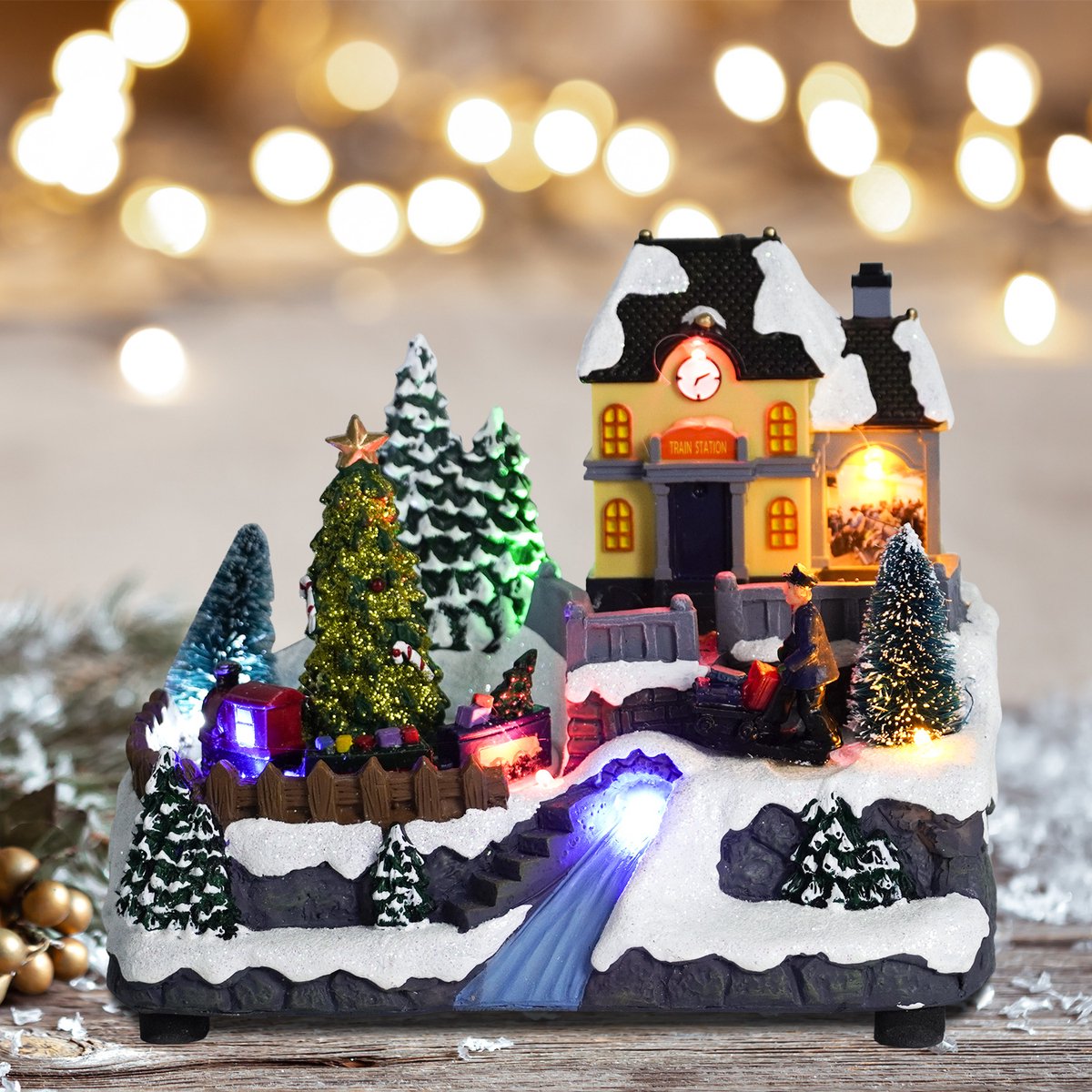 Maison de Noël Kristmar avec rivière à fibre optique, musique et éclairage LED