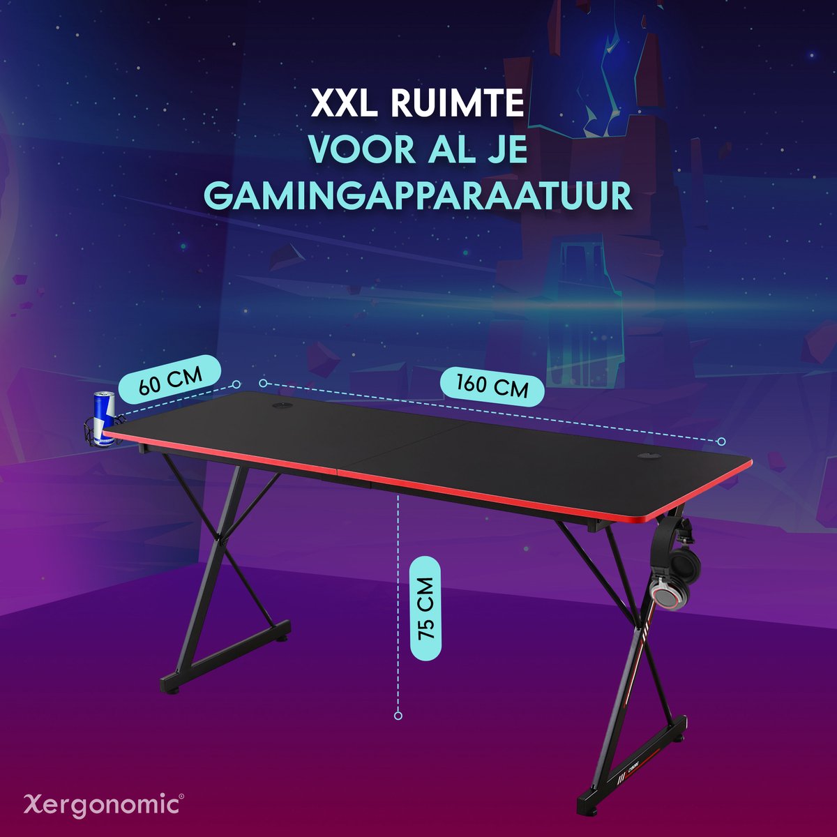 Xergonomic Aion Cyborg Game bureau - Gaming desk - Game tafel met koptelefoonhouder, bekerhouder & kabel organizer - Carbon Fiber Coated Toplaag - Verstelbare poten - D60xB160xH75 cm - Zwart/Rood