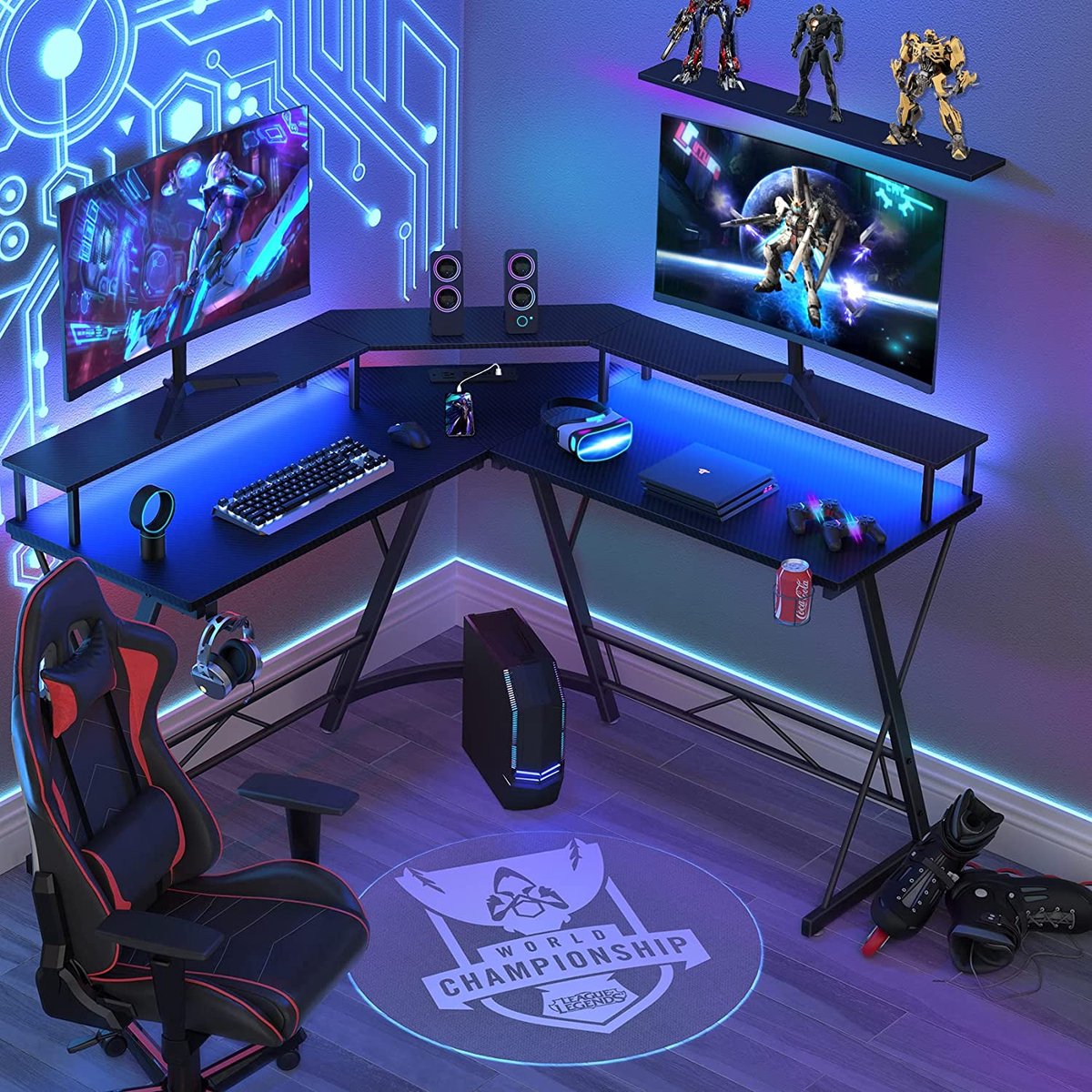 Bureau de jeu Xergonomic - Bureau d'angle - Table de jeu - Table d'ordinateur - Eclairage LED - 2 prises EU &amp; 2 ports USB intégrés - 127 x 127 x 74,4 cm - Noir