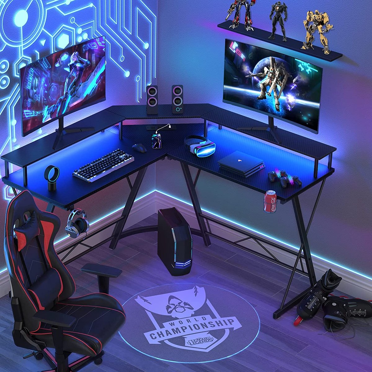 Xergonomic Game bureau met LED- Gaming desk - Game tafel – Hoekbureau - Computertafel - 2 EU stopcontacten & 2 USB-poorten ingebouwd – 127 x 127 x 74.4 cm – Zwart