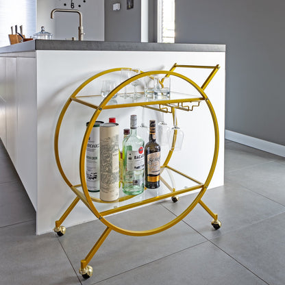 Eleganca Bar trolley met transparante glazen bladen 2-laags serveerwagen Goud