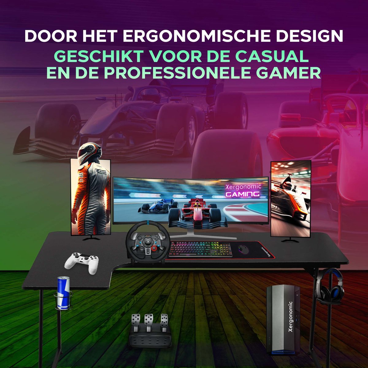 Xergonomic Neon Cyrex Game bureau - Gaming desk - Game tafel - Hoekbureau - D60-100xB40-160xH75 cm - Zwart