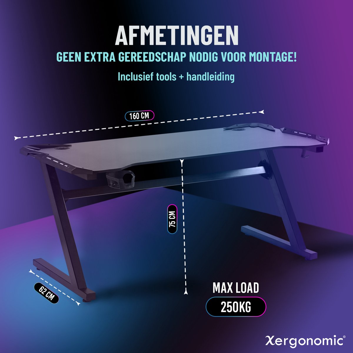 Xergonomic Aurora Gaming Desk - Carbonfiber look - Computer Tafel - LED-Verlichting - Incl. beker-, koptelefoonhouder en kabelorganizer - B160 x D62 x H75 cm - Zwart