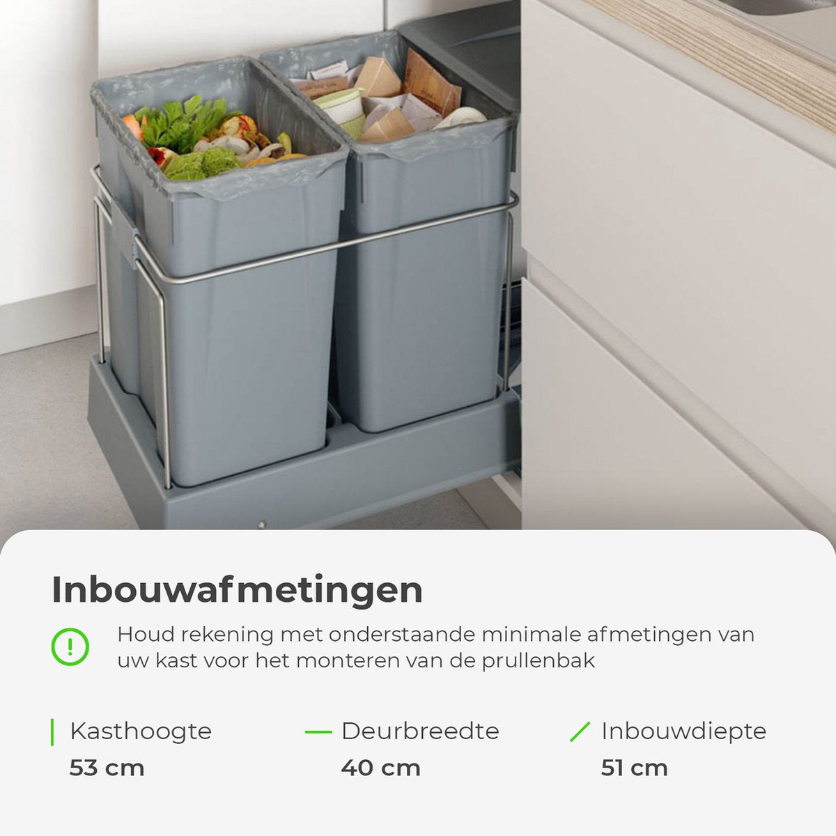 Eleganca Inbouw prullenbak - Inbouw afvalemmer - Inbouw afvalbak - Inbouw vuilnisbak - Prullenbakken afval scheiden - 2x30 Liter