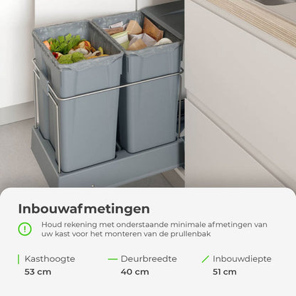 Eleganca Inbouw prullenbak - Inbouw afvalemmer - Inbouw afvalbak - Inbouw vuilnisbak - Prullenbakken afval scheiden - 2x30 Liter