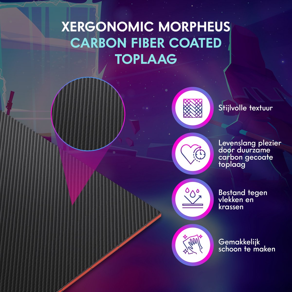 Xergonomic Aion Cyborg Game bureau - Gaming desk - Game tafel met koptelefoonhouder, bekerhouder & kabel organizer - Carbon Fiber Coated Toplaag - Verstelbare poten - D60xB160xH75 cm - Zwart/Rood
