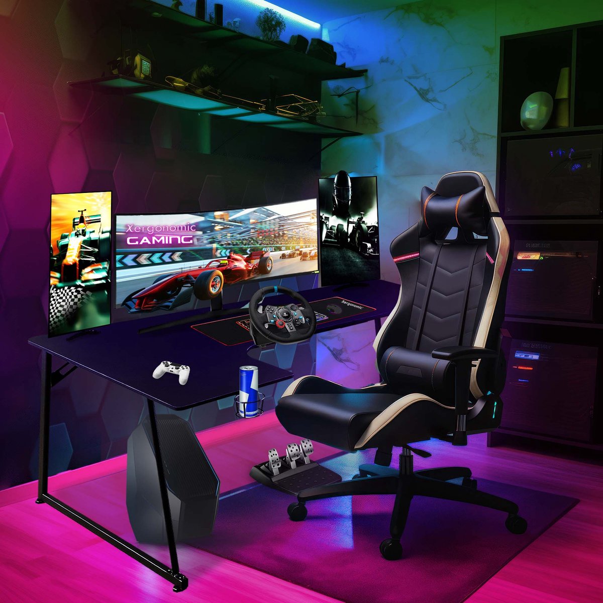 Xergonomic Neon Cyrex Game bureau - Gaming desk - Game tafel - Hoekbureau - D60-100xB40-160xH75 cm - Zwart