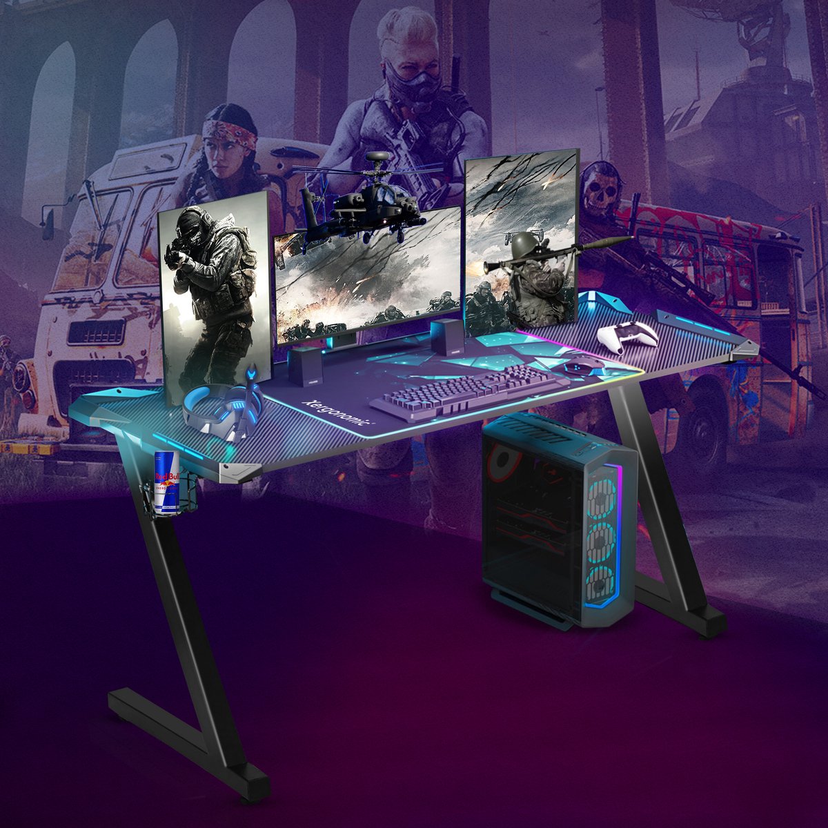 Xergonomic Aurora Game bureau met LED - Gaming desk - Game tafel - B125xH75xL62 cm - Zwart
