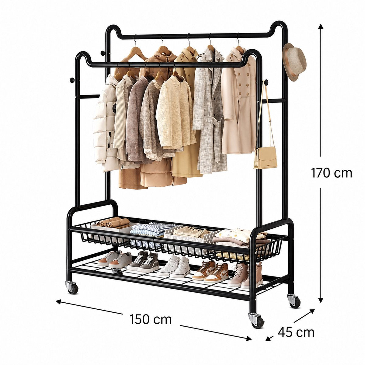 Eleganca Kledingrek XXL - Kledingstang - Stevig Garderoberek - 2 Stangen en 4 Ophanghaken - Zwart - Staal - B150 x D45 x H170 cm