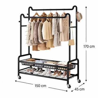 Eleganca Kledingrek XXL - Kledingstang - Stevig Garderoberek - 2 Stangen en 4 Ophanghaken - Zwart - Staal - B150 x D45 x H170 cm