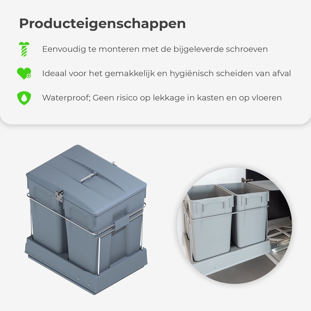 Eleganca Inbouw prullenbak - Inbouw afvalemmer - Inbouw afvalbak - Inbouw vuilnisbak - Prullenbakken afval scheiden - 2x30 Liter