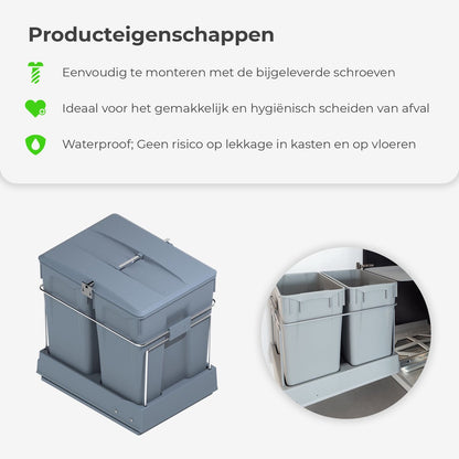 Eleganca Inbouw prullenbak - Inbouw afvalemmer - Inbouw afvalbak - Inbouw vuilnisbak - Prullenbakken afval scheiden - 2x30 Liter