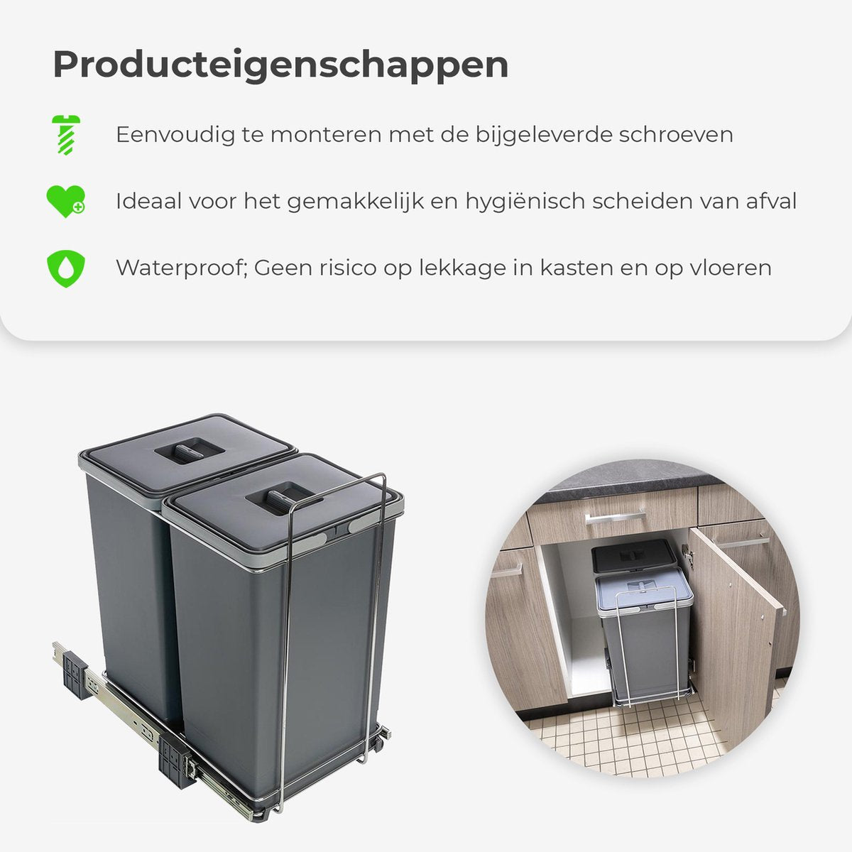 Eleganca Inbouw prullenbak - Inbouw afvalemmer - Inbouw afvalbak - Inbouw vuilnisbak - Prullenbakken afval scheiden - 2x24 Liter