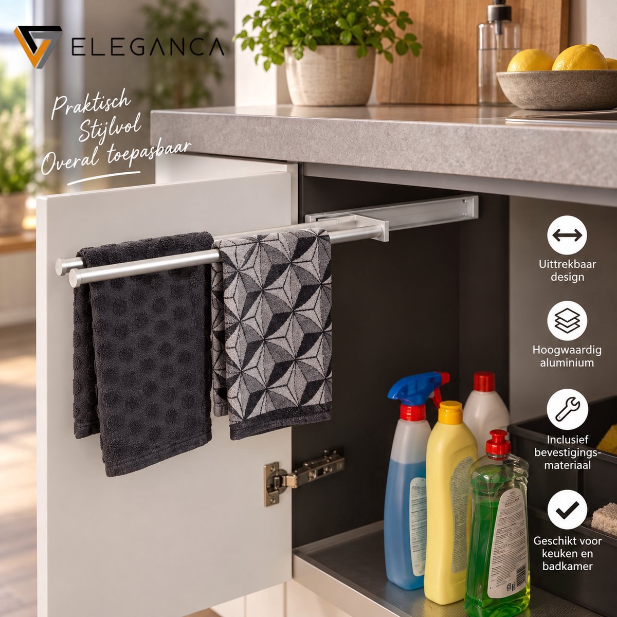 Eleganca Uittrekbaar Handdoekrek – Handdoekhouder 44,5cm - Uitschuifbaar - Keuken of badkamer - Inbouwafmeting 9,4 x 44,5 x 3,8cm – Handdoekstang uittrekbaar - Horizontaal en verticaal te gebruiken – 2 armen – Aluminium