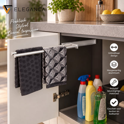Eleganca Uittrekbaar Handdoekrek – Handdoekhouder 44,5cm - Uitschuifbaar - Keuken of badkamer - Inbouwafmeting 9,4 x 44,5 x 3,8cm – Handdoekstang uittrekbaar - Horizontaal en verticaal te gebruiken – 2 armen – Aluminium