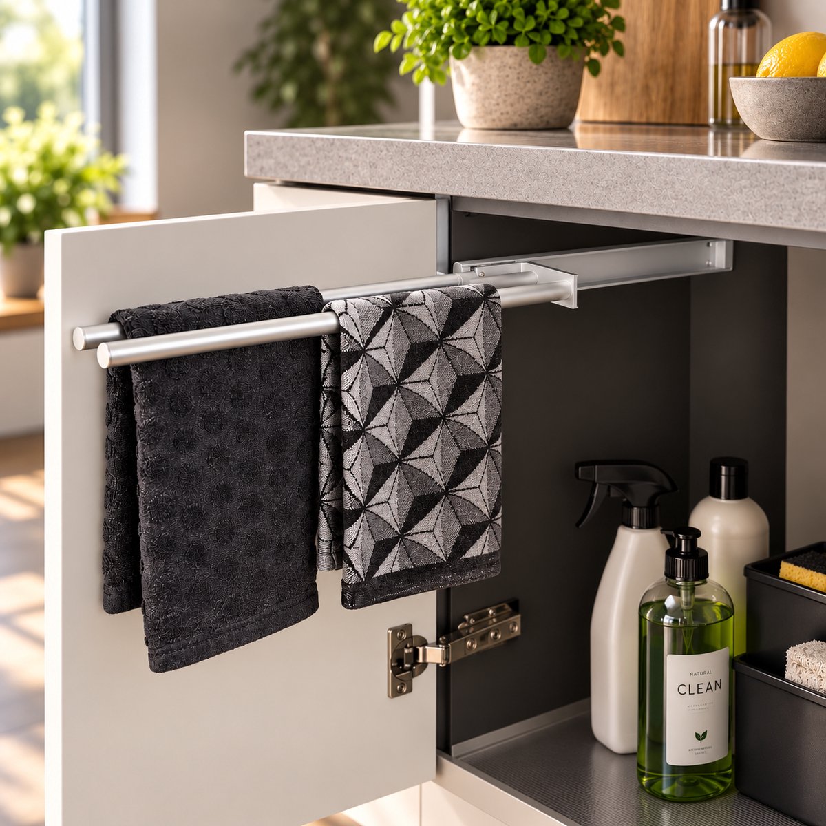 Eleganca Uittrekbaar Handdoekrek – Handdoekhouder 44,5cm - Uitschuifbaar - Keuken of badkamer - Inbouwafmeting 9,4 x 44,5 x 3,8cm – Handdoekstang uittrekbaar - Horizontaal en verticaal te gebruiken – 2 armen – Aluminium