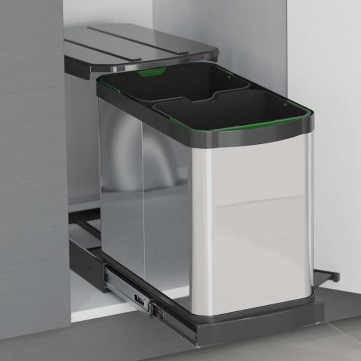 Inbouw prullenbak - Inbouw afvalemmer - Inbouw afvalbak - Inbouw vuilnisbak - Prullenbakken afval scheiden - 2x12 Liter RVS bodembevestiging en automatisch uittrekbaar