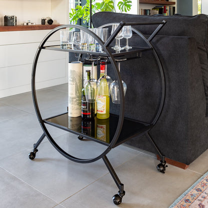 Eleganca Bar trolley met zwarte glazen bladen 2-laags serveerwagen Zwart