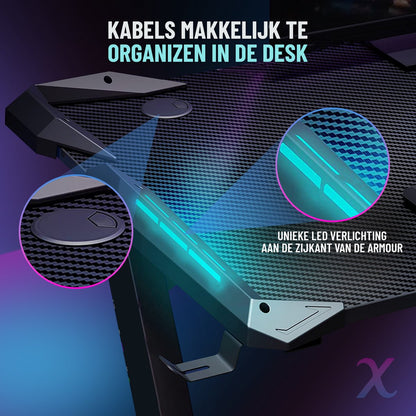 Xergonomic Aurora Game bureau met LED - Gaming desk - Game tafel - B125xH75xL62 cm - Zwart