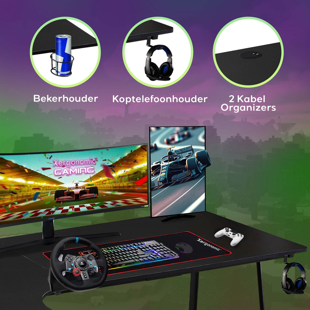 Xergonomic Neon Cyrex Game bureau - Gaming desk - Game tafel - Hoekbureau - D60-100xB40-160xH75 cm - Zwart