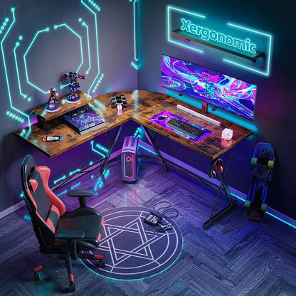 Xergonomic Game bureau - Gaming desk - Game tafel – Hoekbureau – Computertafel – 130cm x 130cm x 85 cm – Zwart/Hout