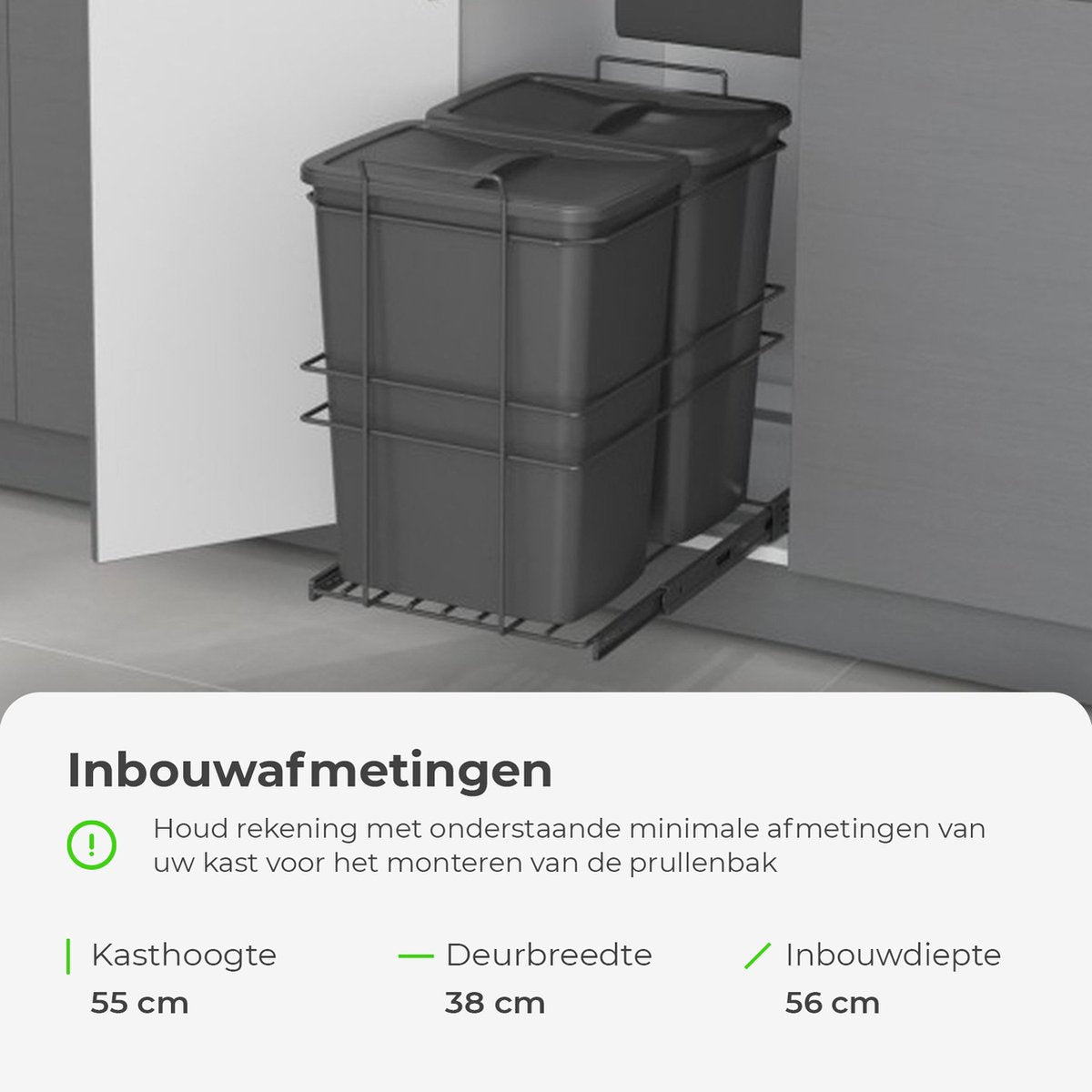 Inbouwprullenbak 2x35 Liter bodembevestiging en handmatig uittrekbaar