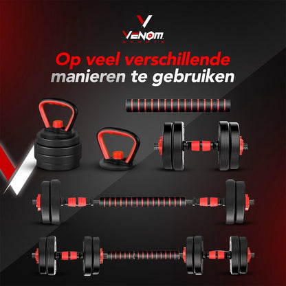 Venom Sports verstelbare dumbbell set inclusief kettlebell 40KG