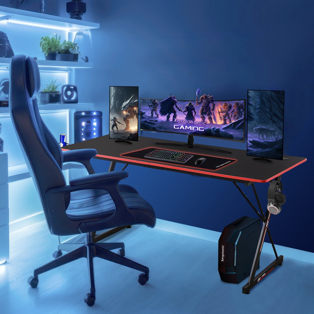 Xergonomic Aion Cyborg Gaming desk - Headphone holder, cup holder &amp; Cable organizer - Carbon Fiber Coated Top Layer - Adjustable legs - D60xW160xH75 cm - Black/Red