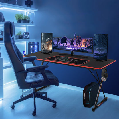 Xergonomic Aion Cyborg Gaming desk - Headphone holder, cup holder &amp; Cable organizer - Carbon Fiber Coated Top Layer - Adjustable legs - D60xW160xH75 cm - Black/Red