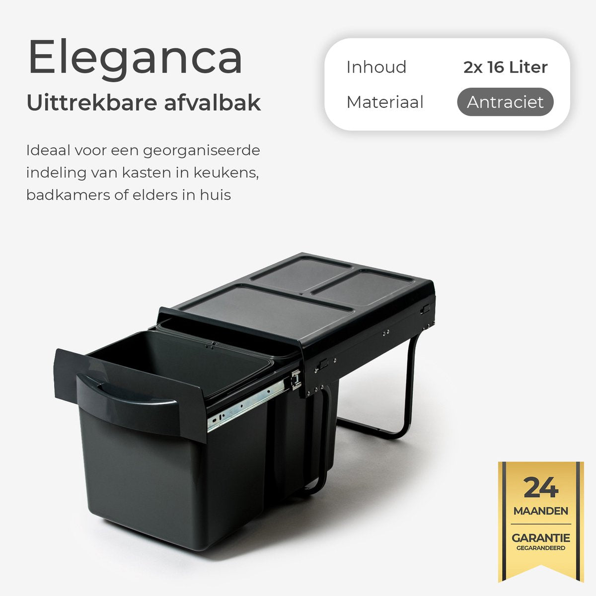Eleganca Inbouw prullenbak - Inbouw afvalemmer - Inbouw afvalbak - Inbouw vuilnisbak - 2x16 Liter - Prullenbakken afval scheiden