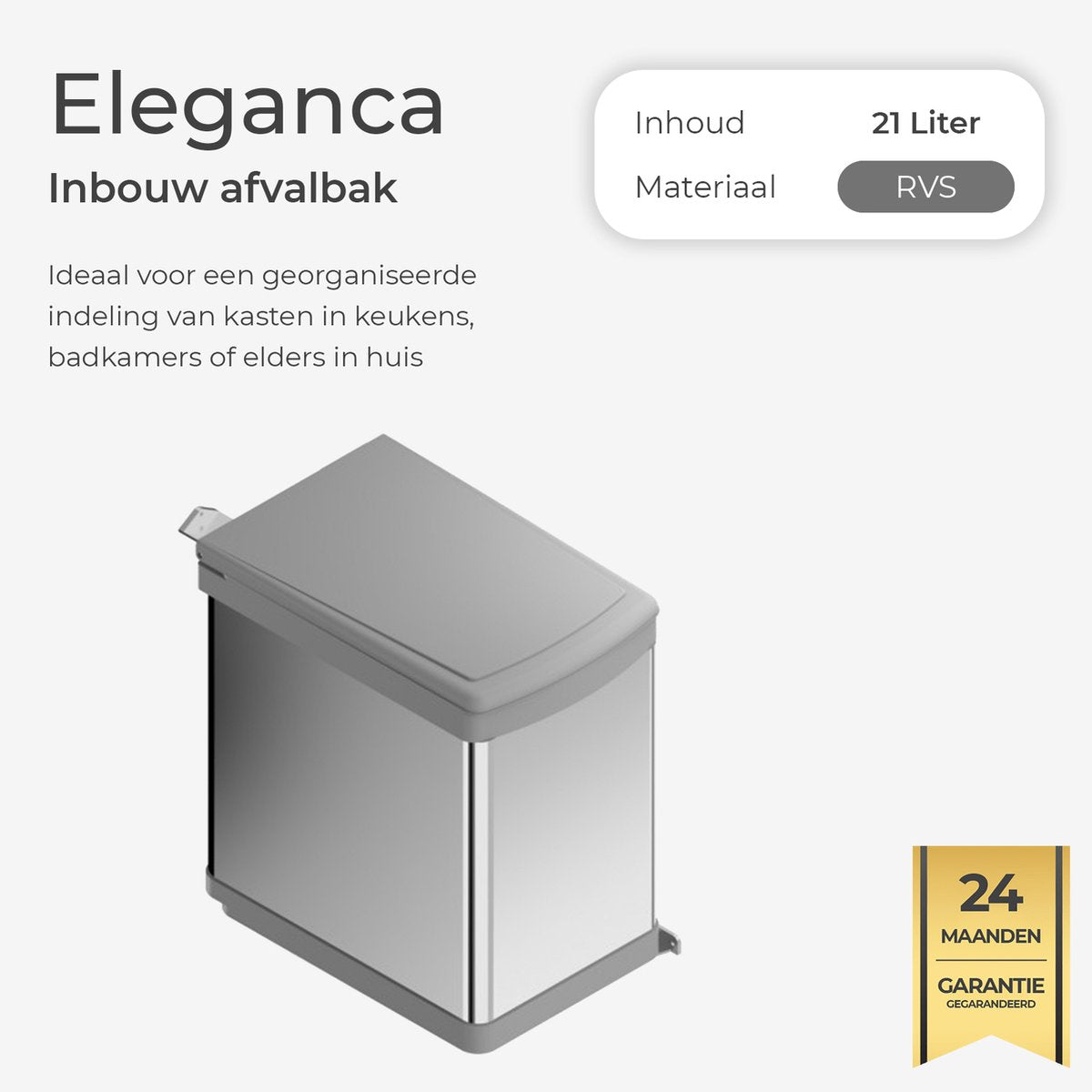 Eleganca Inbouw prullenbak - Inbouw afvalemmer - Inbouw afvalbak - Inbouw vuilnisbak - 21 Liter