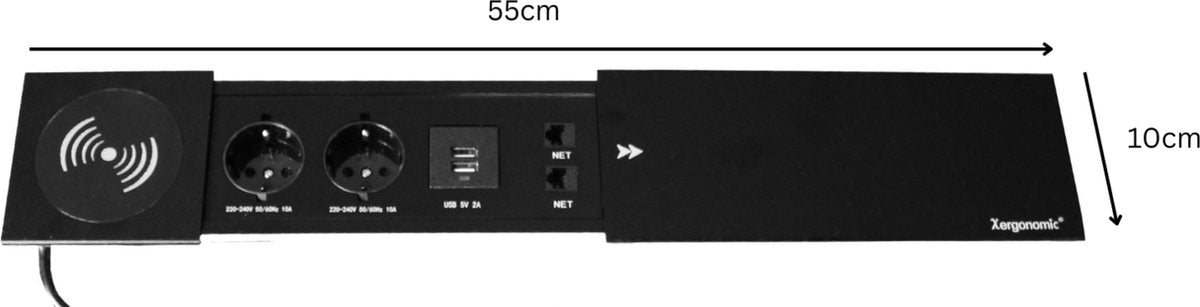 Xergonomic Bureaustopcontact met QI draadloze oplader, 2 internetaansluitingen, 2 stopcontacten en 2 USB-poorten Zwart