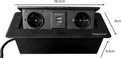 Prise de bureau Xergonomic avec 2 prises et 2 ports USB Noir