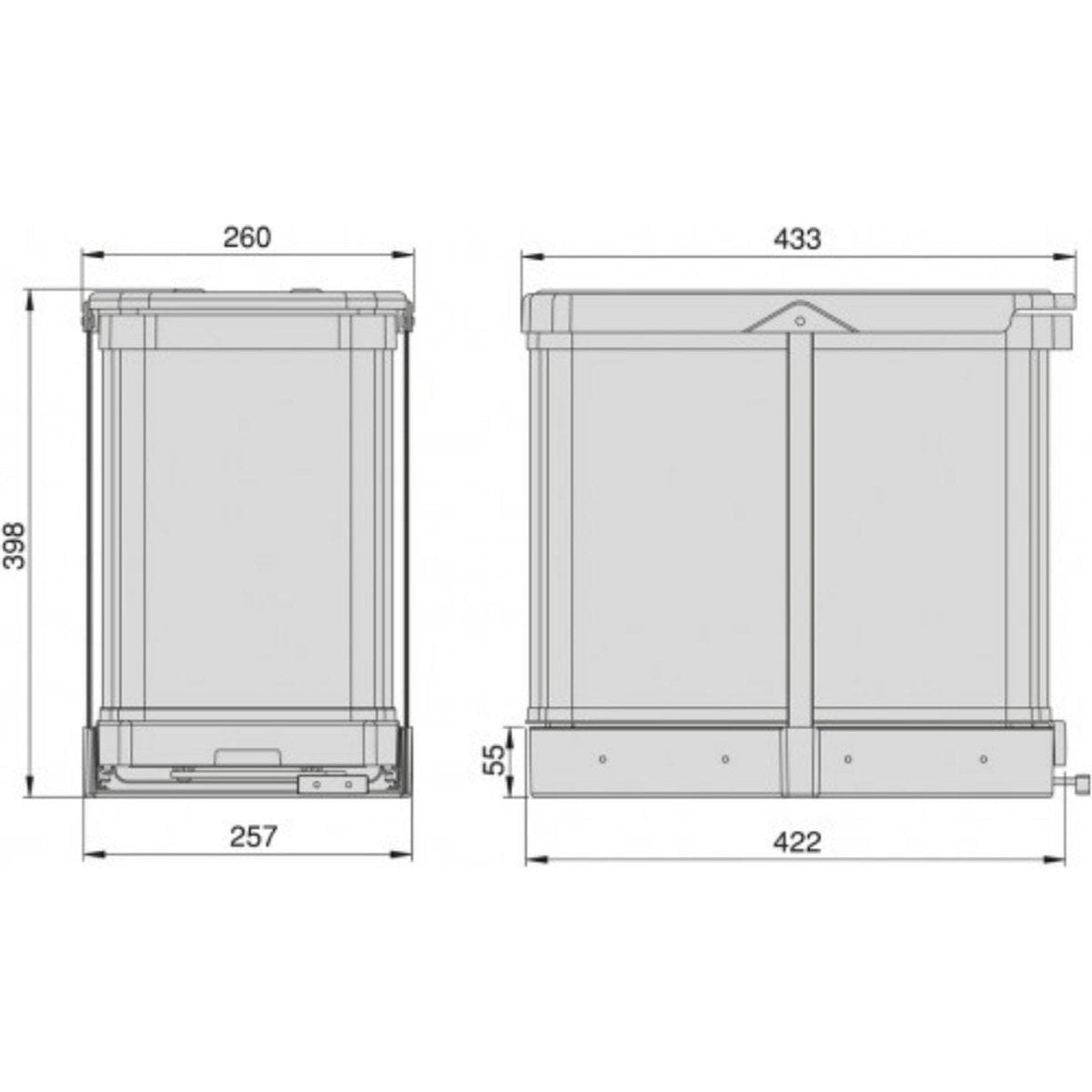 Inbouwprullenbak 2x12 Liter RVS bodembevestiging en automatisch uittrekbaar