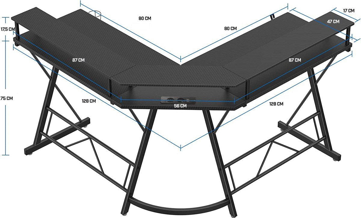 Xergonomic Game bureau – Hoekbureau - Gaming tafel - Computertafel – LED-Verlichting - 2 EU stopcontacten & 2 USB-poorten ingebouwd – 127 x 127 x 74.4 cm – Zwart