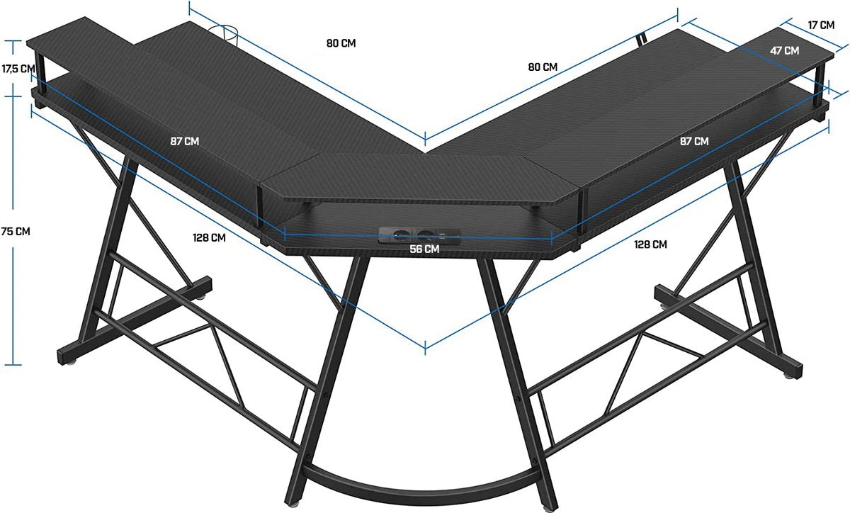 Xergonomic Game bureau met LED- Gaming desk - Game tafel – Hoekbureau - Computertafel - 2 EU stopcontacten & 2 USB-poorten ingebouwd – 127 x 127 x 74.4 cm – Zwart