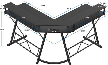 Xergonomic Game bureau met LED- Gaming desk - Game tafel – Hoekbureau - Computertafel - 2 EU stopcontacten & 2 USB-poorten ingebouwd – 127 x 127 x 74.4 cm – Zwart