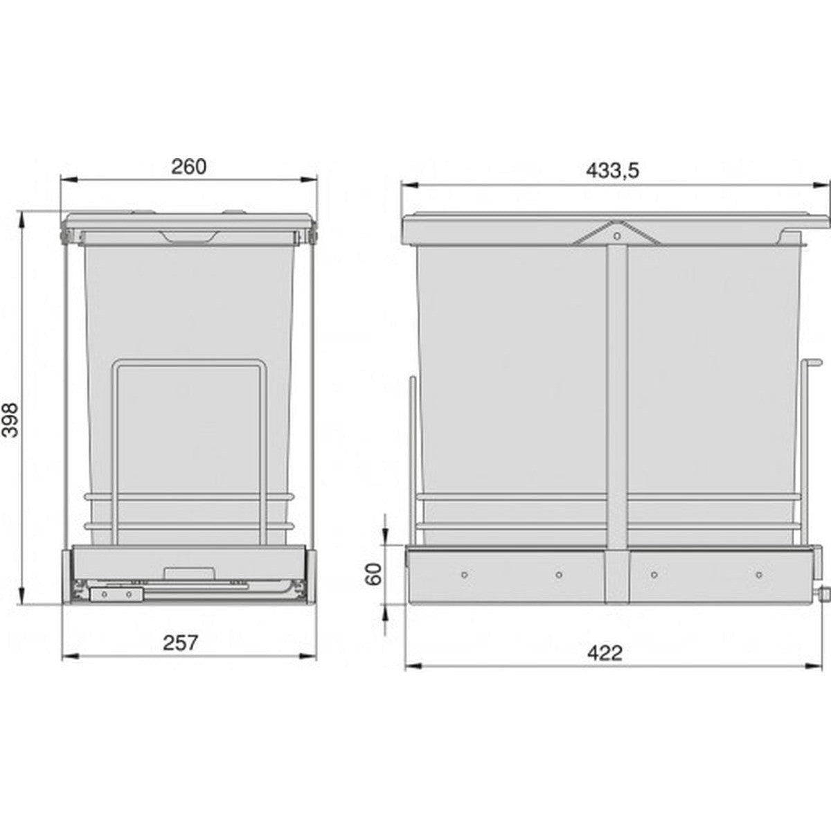 Inbouwprullenbak 2x12 Liter met bodembevestiging en automatisch uittrekbaar