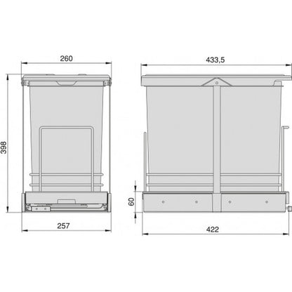 Poubelle encastrable 2x12 litres avec fixation sur base et extension automatique