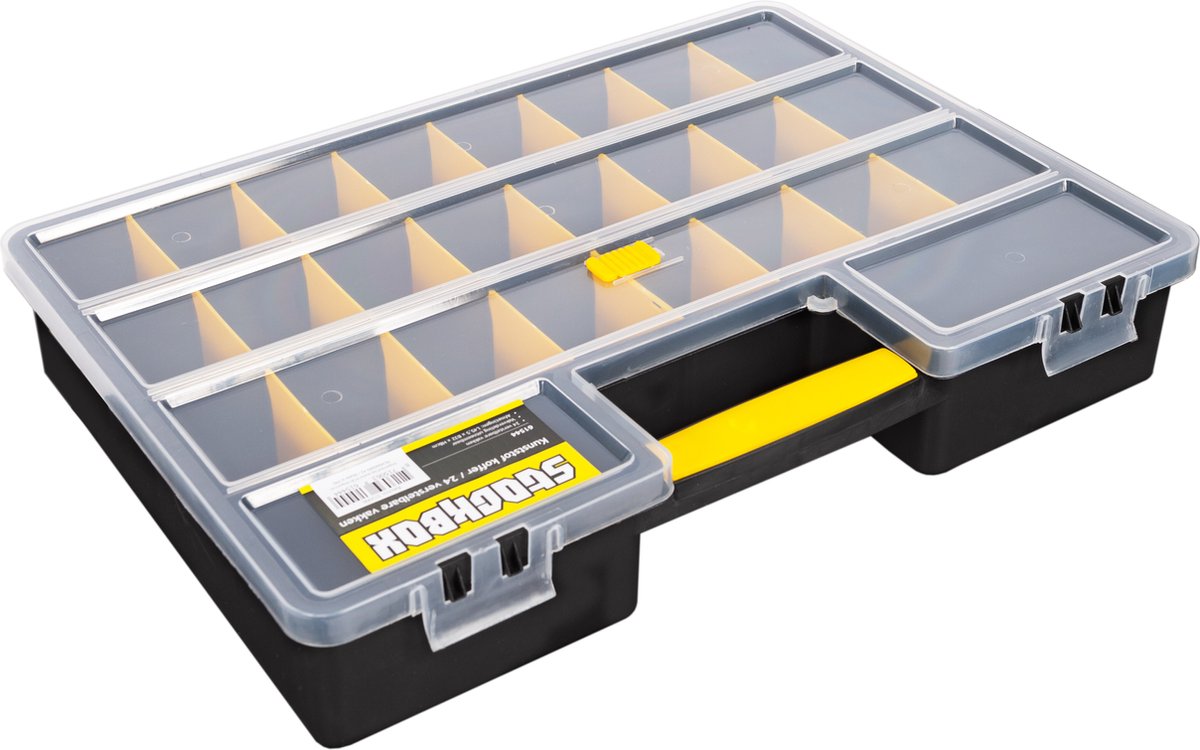 Nanacy's Stockbox Tool case with 24 removable compartment dividers Black/Yellow