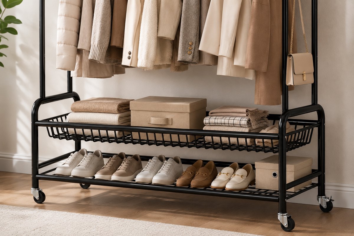 Eleganca Kledingrek XXL - Kledingstang - Stevig Garderoberek - 2 Stangen en 4 Ophanghaken - Zwart - Staal - B150 x D45 x H170 cm