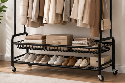 Eleganca Kledingrek XXL - Kledingstang - Stevig Garderoberek - 2 Stangen en 4 Ophanghaken - Zwart - Staal - B150 x D45 x H170 cm
