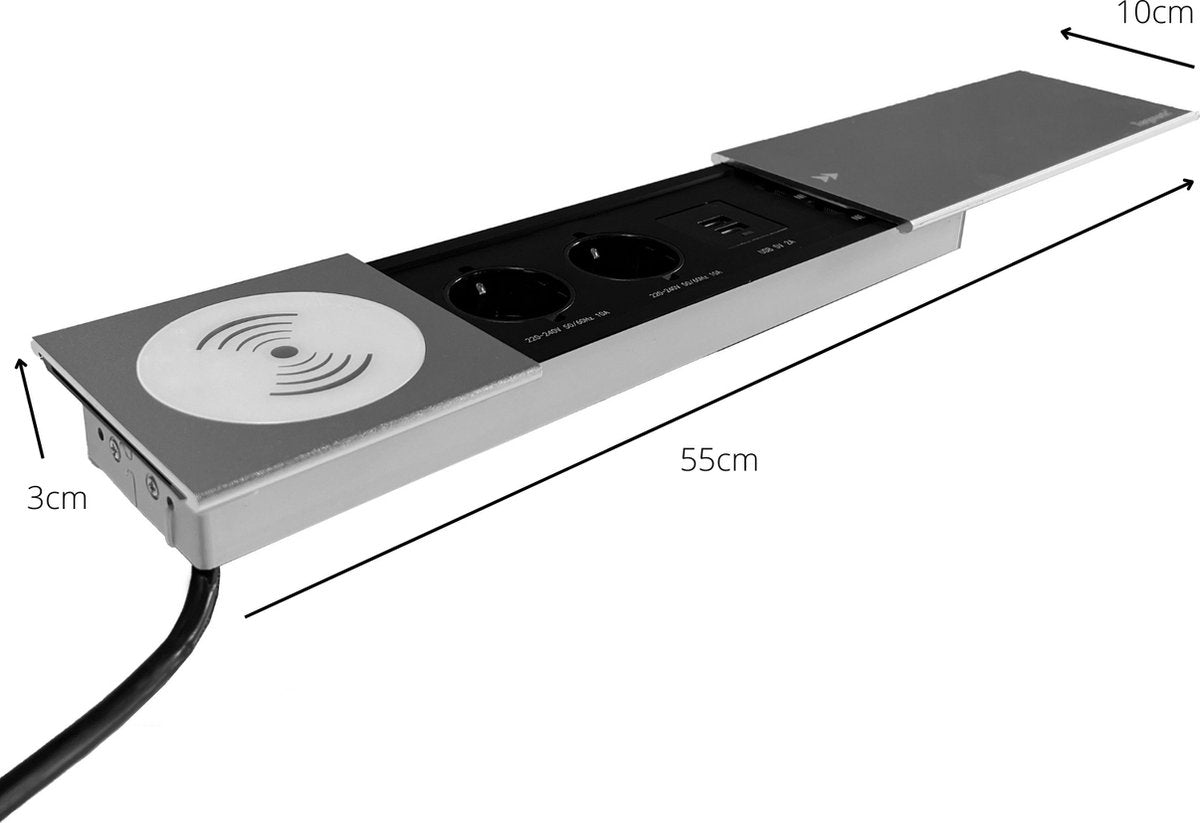 Xergonomic Bureaustopcontact met QI draadloze oplader, 2 internetaansluitingen, 2 stopcontacten en 2 USB-poorten Zilver