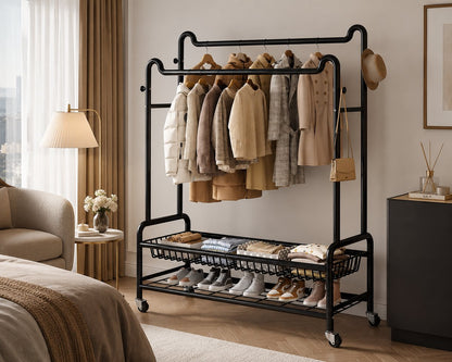 Eleganca Kledingrek XXL - Kledingstang - Stevig Garderoberek - 2 Stangen en 4 Ophanghaken - Zwart - Staal - B150 x D45 x H170 cm