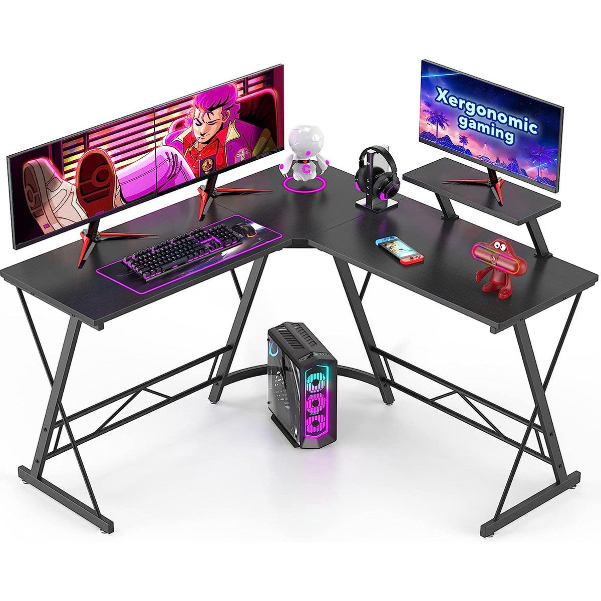 Xergonomic Game Desk – Bureau d'angle – Table de jeu – Table d'ordinateur – Bureau de jeu – 130 x 130 x 96,5 cm – Noir