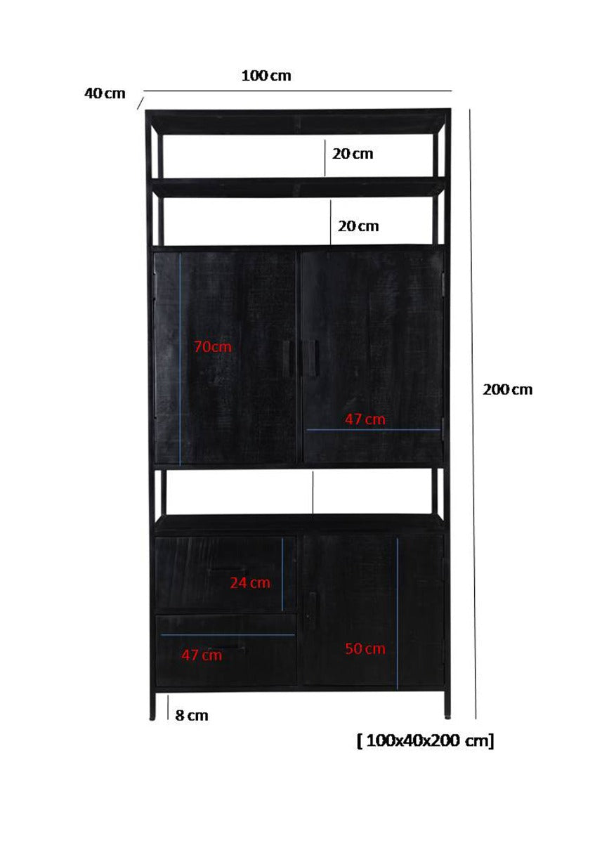 Livingfurn Kala open wandkast - Mangohout - Zwart - 100x40x200cm