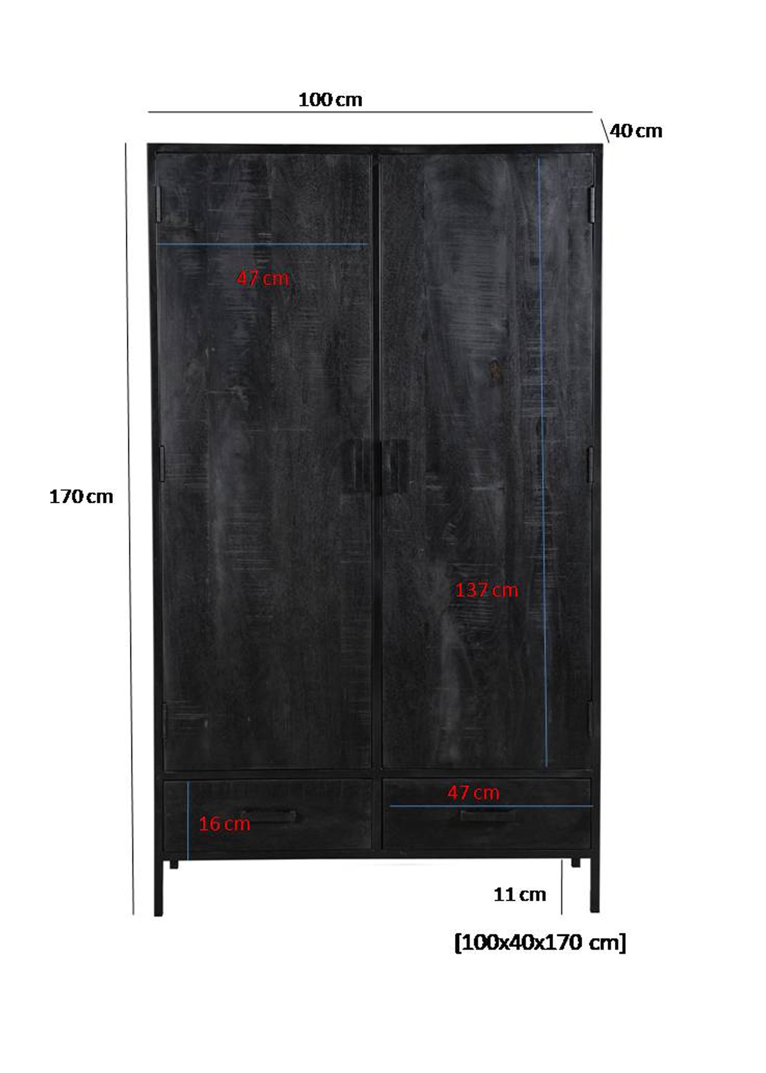 Livingfurn Kala wandkast - Mangohout - Zwart - 100x40x170cm