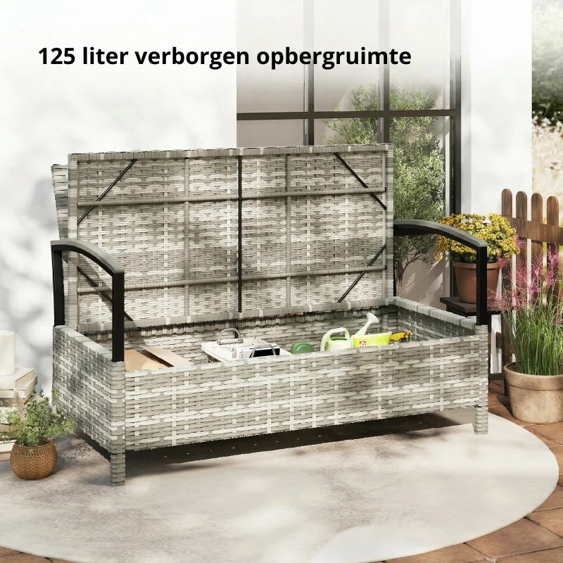 Nancy's Saludecio Tuinbank - Bank voor buiten - Opbergbank - Grijs - Rotan - ± 125 x 70 x 80 cm