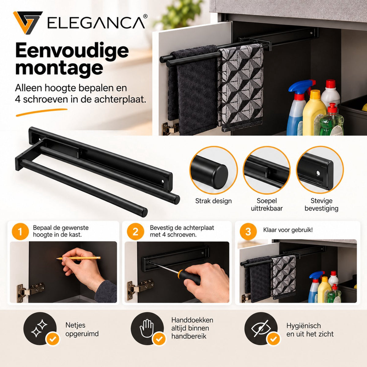 Eleganca Uittrekbaar Handdoekrek – Inbouwafmeting 10,4 x 45 x 14cm – Handdoekhouder uitschuifbaar tot 32cm – Handdoekstang keuken of badkamer – Horizontaal en verticaal te gebruiken – 3 armen – Aluminium – Zwart